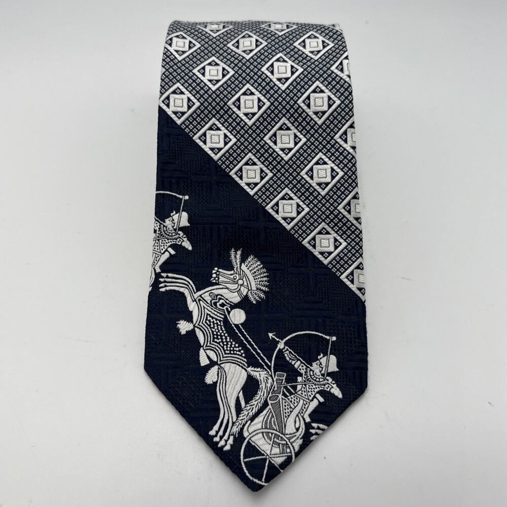 Vtg Chariot Race Geometric Novelty Necktie Designer Egyptian Navy Blue White